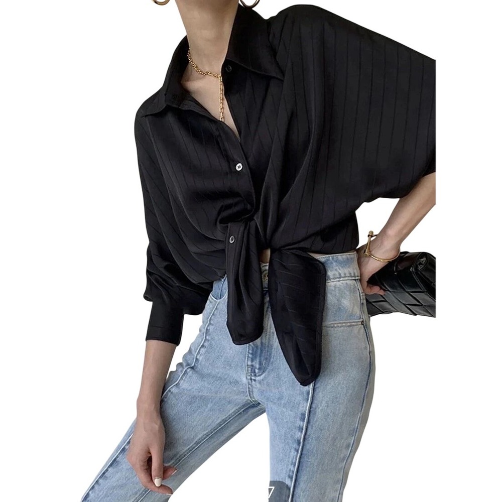 Commense Womens Charlotte Black Oversized Stripe Long Sleeve Button DowM‎
